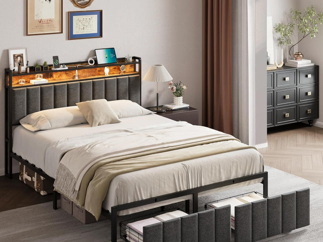 Queen Bed Frame with 2 Storage Drawers and LED Lights Headboard, Upholstered Bed Frame with Charging Station, No Box Spring Needed, Easy Assembly - Grey
