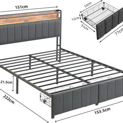 Queen Bed Frame with 2 Storage Drawers and LED Lights Headboard, Upholstered Bed Frame with Charging Station, No Box Spring Needed, Easy Assembly - Grey