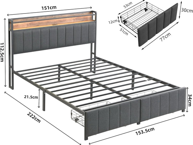Queen Bed Frame with 2 Storage Drawers and LED Lights Headboard, Upholstered Bed Frame with Charging Station, No Box Spring Needed, Easy Assembly - Grey