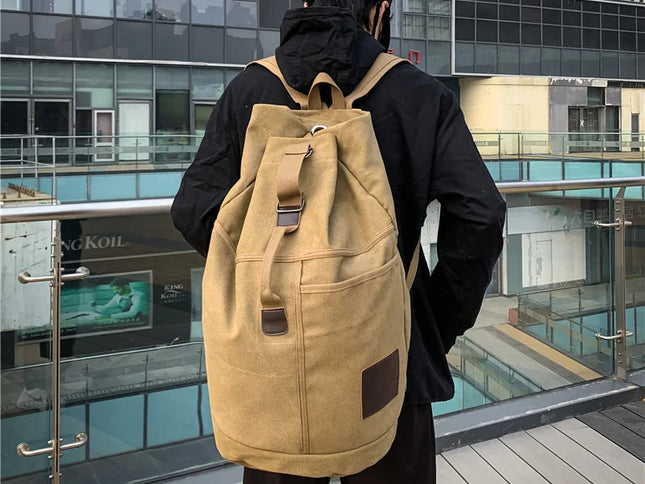 Canvas Travel Backpack with Bucket Design Khaki