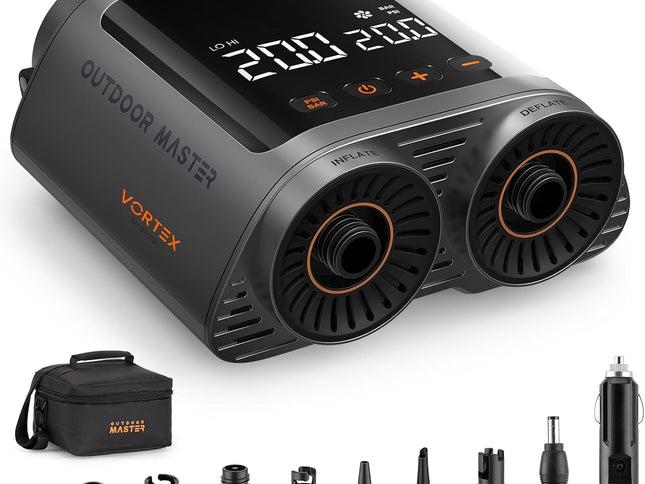 OutdoorMaster Vortex Paddle Board Pump Electric Portable, Max 20PSI SUP Air Pump Inflator & Deflator, 12V/15.8V DC Input, Auto Off & Cooling, 8 Nozzles Pump for Paddle Board, Inflatables - No Battery