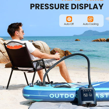 OutdoorMaster Vortex Paddle Board Pump Electric Portable, Max 20PSI SUP Air Pump Inflator & Deflator, 12V/15.8V DC Input, Auto Off & Cooling, 8 Nozzles Pump for Paddle Board, Inflatables - No Battery