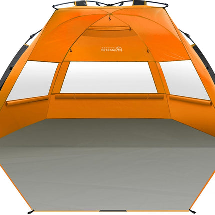 OutdoorMaster Pop Up 3-4 Person Beach Tent X-Large - Easy Setup, Portable Beach Shade Canopy Folding Sun Shelter with UPF 50+ UV Protection Removable Skylight Family Size (Orange)