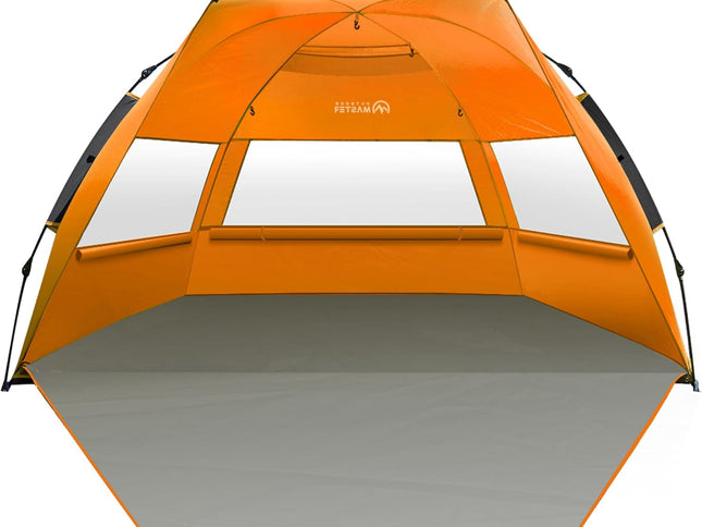 OutdoorMaster Pop Up 3-4 Person Beach Tent X-Large - Easy Setup, Portable Beach Shade Canopy Folding Sun Shelter with UPF 50+ UV Protection Removable Skylight Family Size (Orange)