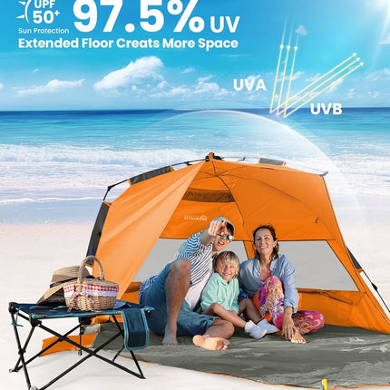 OutdoorMaster Pop Up 3-4 Person Beach Tent X-Large - Easy Setup, Portable Beach Shade Canopy Folding Sun Shelter with UPF 50+ UV Protection Removable Skylight Family Size (Orange)