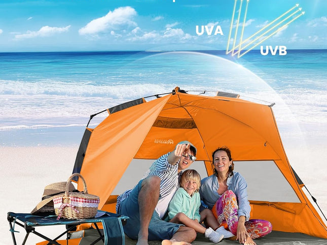 OutdoorMaster Pop Up 3-4 Person Beach Tent X-Large - Easy Setup, Portable Beach Shade Canopy Folding Sun Shelter with UPF 50+ UV Protection Removable Skylight Family Size (Orange)
