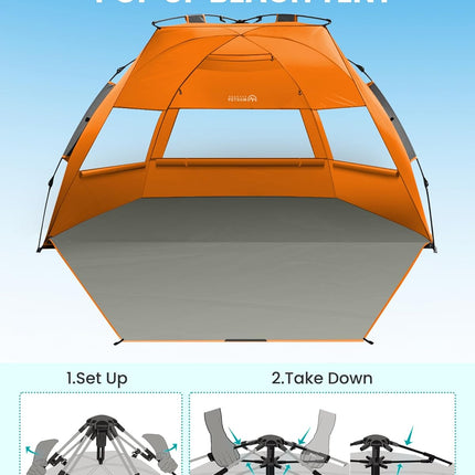 OutdoorMaster Pop Up 3-4 Person Beach Tent X-Large - Easy Setup, Portable Beach Shade Canopy Folding Sun Shelter with UPF 50+ UV Protection Removable Skylight Family Size (Orange)