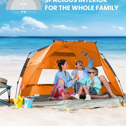 OutdoorMaster Pop Up 3-4 Person Beach Tent X-Large - Easy Setup, Portable Beach Shade Canopy Folding Sun Shelter with UPF 50+ UV Protection Removable Skylight Family Size (Orange)