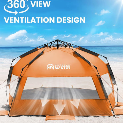 OutdoorMaster Pop Up 3-4 Person Beach Tent X-Large - Easy Setup, Portable Beach Shade Canopy Folding Sun Shelter with UPF 50+ UV Protection Removable Skylight Family Size (Orange)