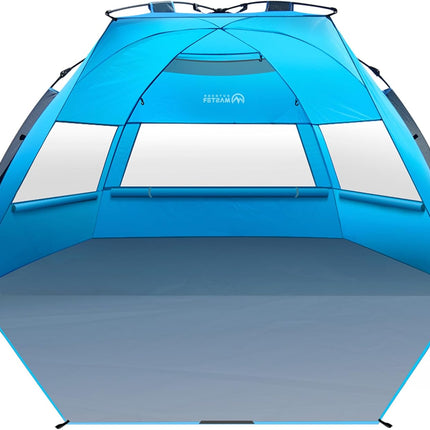 OutdoorMaster Pop Up 3-4 Person Beach Tent X-Large - Easy Setup, Portable Beach Shade Canopy Folding Sun Shelter with UPF 50+ UV Protection Removable Skylight Family Size (Blue)