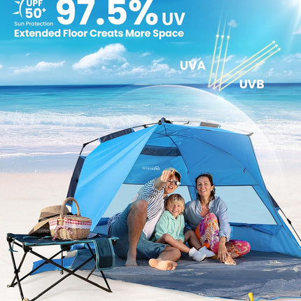OutdoorMaster Pop Up 3-4 Person Beach Tent X-Large - Easy Setup, Portable Beach Shade Canopy Folding Sun Shelter with UPF 50+ UV Protection Removable Skylight Family Size (Blue)