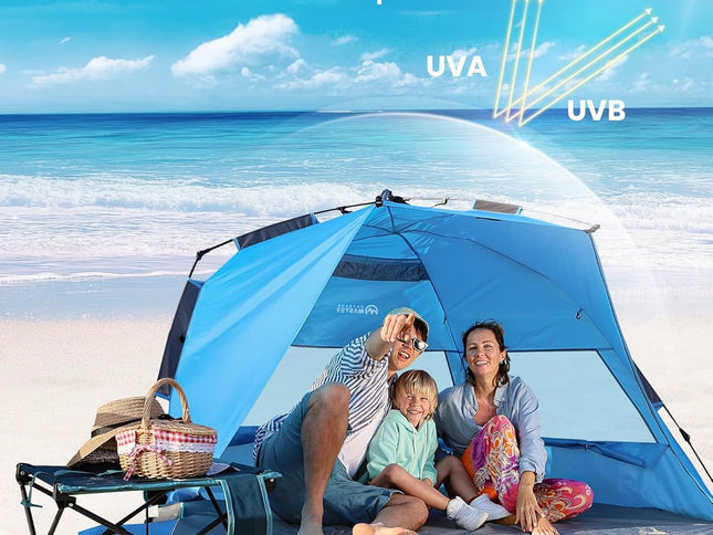 OutdoorMaster Pop Up 3-4 Person Beach Tent X-Large - Easy Setup, Portable Beach Shade Canopy Folding Sun Shelter with UPF 50+ UV Protection Removable Skylight Family Size (Blue)