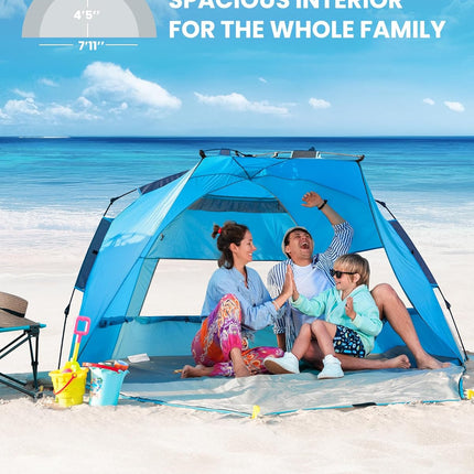 OutdoorMaster Pop Up 3-4 Person Beach Tent X-Large - Easy Setup, Portable Beach Shade Canopy Folding Sun Shelter with UPF 50+ UV Protection Removable Skylight Family Size (Blue)