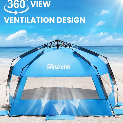 OutdoorMaster Pop Up 3-4 Person Beach Tent X-Large - Easy Setup, Portable Beach Shade Canopy Folding Sun Shelter with UPF 50+ UV Protection Removable Skylight Family Size (Blue)