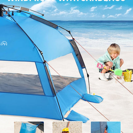 OutdoorMaster Pop Up 3-4 Person Beach Tent X-Large - Easy Setup, Portable Beach Shade Canopy Folding Sun Shelter with UPF 50+ UV Protection Removable Skylight Family Size (Blue)
