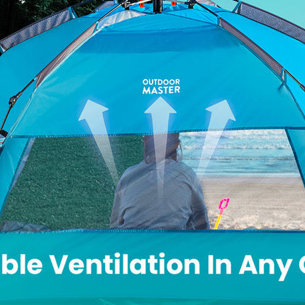 OutdoorMaster Pop Up 3-4 Person Beach Tent X-Large - Easy Setup, Portable Beach Shade Canopy Folding Sun Shelter with UPF 50+ UV Protection Removable Skylight Family Size (Blue)