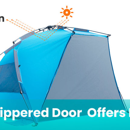 OutdoorMaster Pop Up 3-4 Person Beach Tent X-Large - Easy Setup, Portable Beach Shade Canopy Folding Sun Shelter with UPF 50+ UV Protection Removable Skylight Family Size (Blue)