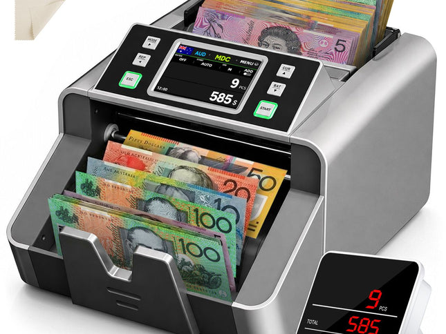 Mixed Denomination Money Counter with Counterfeit Detection, Touch Screen, and CIS/UV/MG/IR/MT, USD, AUD, EUR, CAD Cash Counter for Business, Merchant