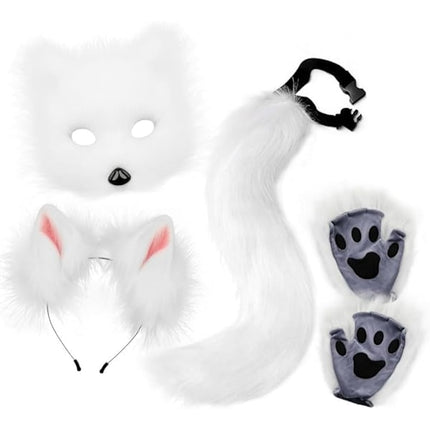 Plush mask with fox tail and ears set, cat tail fox costume cosplay costume with cat ears and paw gloves halloween cosplay white High quality () white