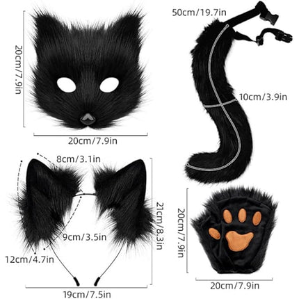 Plush mask with fox tail and ears set, cat tail fox costume cosplay costume with cat ears and paw gloves halloween cosplay white High quality () white