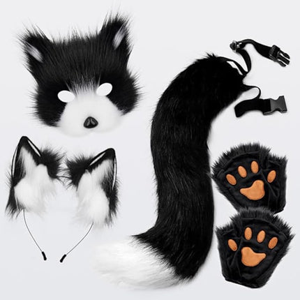 Plush mask with fox tail and ears set, cat tail fox costume cosplay costume with cat ears and paw gloves halloween cosplay white High quality () white