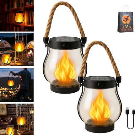 Outdoor solar lights - Solar garden lighting - Solar lantern - Dancing flame solar lanterns outdoor waterproof lighting - Hemp rope flame lamp - For camping garden patio garden halloween decoration (2 pieces)