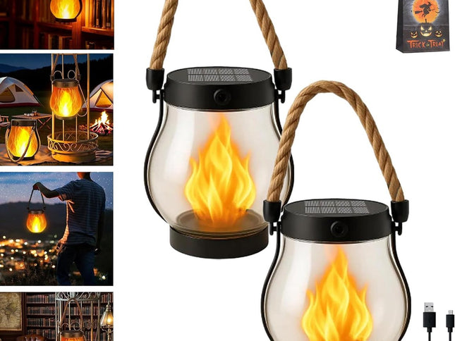 Outdoor solar lights - Solar garden lighting - Solar lantern - Dancing flame solar lanterns outdoor waterproof lighting - Hemp rope flame lamp - For camping garden patio garden halloween decoration (2 pieces)