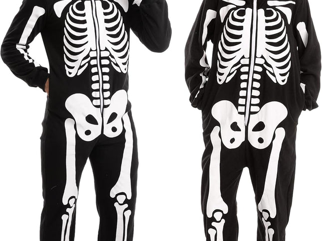 Unisex Skeleton Onesie Pajamas Plush Skeleton Jumpsuit Zipper Halloween Hoodie Pajamas for Adults Sleepwear Costume Black L