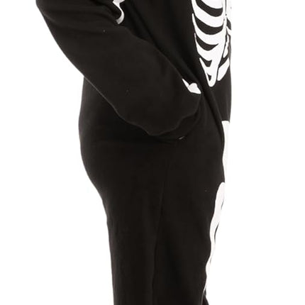 Unisex Skeleton Onesie Pajamas Plush Skeleton Jumpsuit Zipper Halloween Hoodie Pajamas for Adults Sleepwear Costume Black L