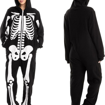 Unisex Skeleton Onesie Pajamas Plush Skeleton Jumpsuit Zipper Halloween Hoodie Pajamas for Adults Sleepwear Costume Black L