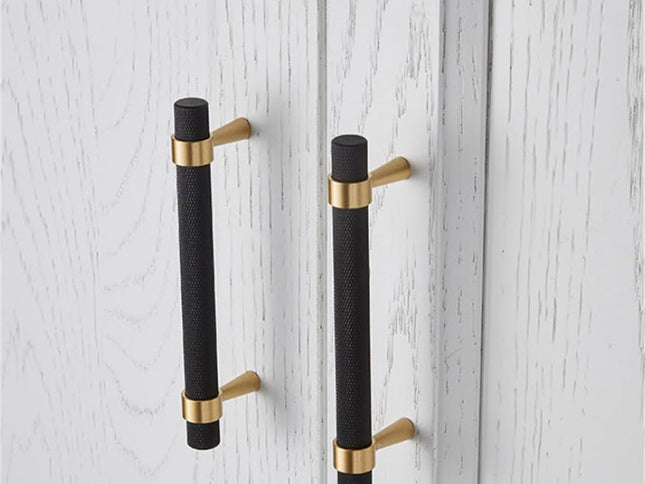 50PCS/Lot Solid Brass Cabinet Pulls Modern Gold with Black Knurled Textured Cabinet Handles Brass Pulls for Dresser Door Drawer Cabinet Hardware (128mm(96mm Hole Centers))