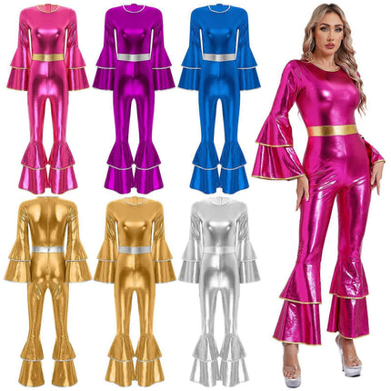 Bell Bottom Jumpsuit Royal Blue M Vintage 70s Disco Shiny Romper Cheerleading Uniform for Halloween Cosplay Theme Party and Muscle Suit