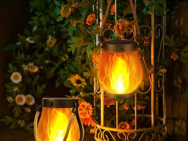 1/2/4 Pack Solar Garden Lights with Flame Effect - Waterproof Hanging Lanterns with USB Charging, Halloween and Garden Decoration (Four-piece set)