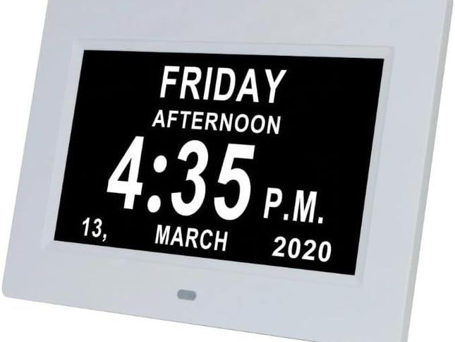 7" Large Display Digital Clock with Detailed Time & Date, Multiple Alarm Reminders,Language Options,Plug-in operation,Designed specifically for the elderly(White)