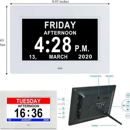 7" Large Display Digital Clock with Detailed Time & Date, Multiple Alarm Reminders,Language Options,Plug-in operation,Designed specifically for the elderly(White)