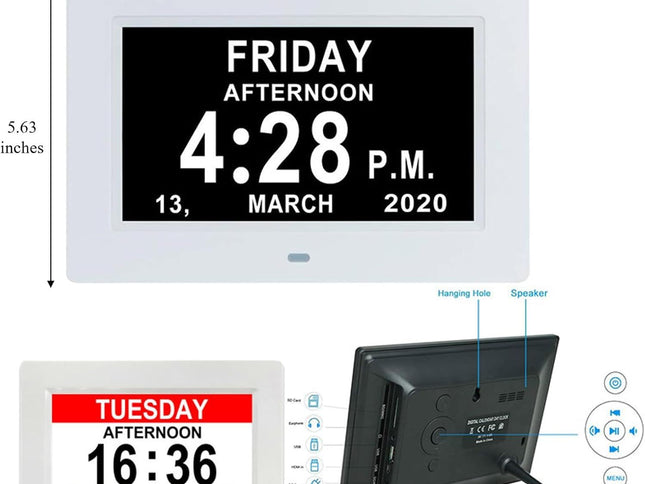 7" Large Display Digital Clock with Detailed Time & Date, Multiple Alarm Reminders,Language Options,Plug-in operation,Designed specifically for the elderly(White)