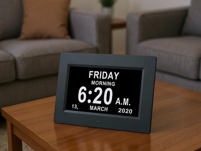 7" Large Display Digital Clock with Detailed Time & Date, Multiple Alarm Reminders,Language Options,Plug-in operation,Designed specifically for the elderly(Black)