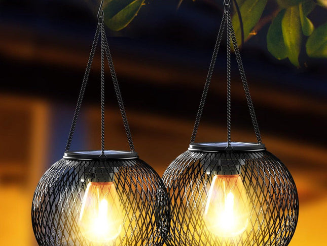 2 Pack Outdoor Solar Lights, Waterproof LED Hanging Lanterns with Warm White Light for Garden, Patio, Halloween and Christmas Decor