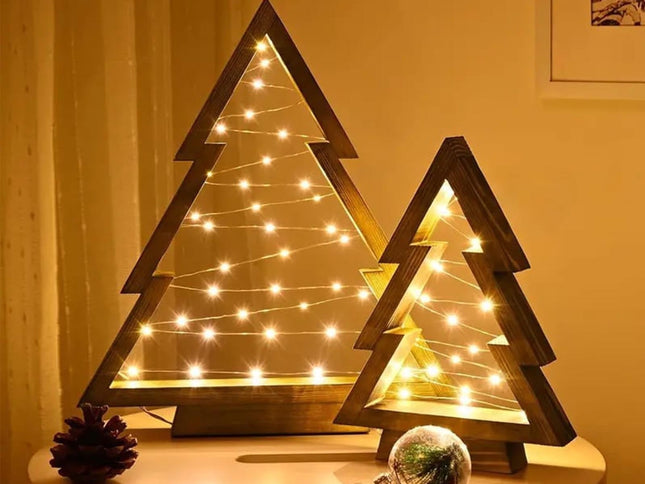 Wooden Light-Up Christmas Tree Tabletop Decorations ‚Äì 2 Pieces, Multicolour