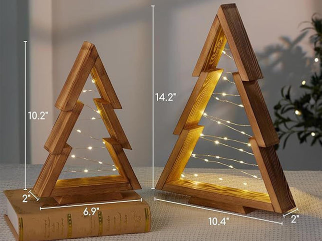 Wooden Light-Up Christmas Tree Tabletop Decorations ‚Äì 2 Pieces, Multicolour
