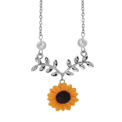 Sweet Sunflower Pearl Leaf Pendant Necklace Resin Daisy Flower Clavicular Chain Fashion Jewelry for Women