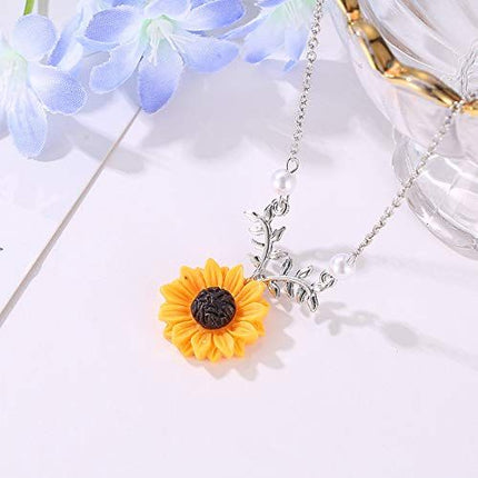Sweet Sunflower Pearl Leaf Pendant Necklace Resin Daisy Flower Clavicular Chain Fashion Jewelry for Women