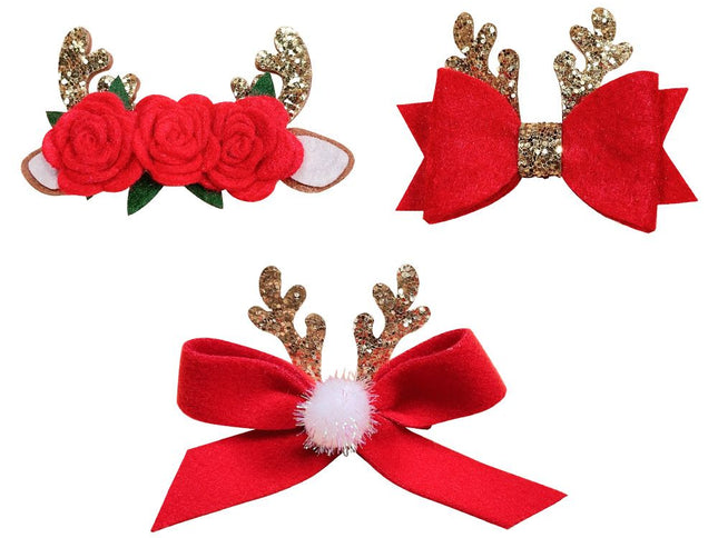 3 Pcs Christmas Hair Clips Glitter Antler Bow Hair Clips Christmas Bow Christmas Headwear for Girls