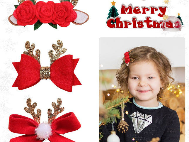 3 Pcs Christmas Hair Clips Glitter Antler Bow Hair Clips Christmas Bow Christmas Headwear for Girls