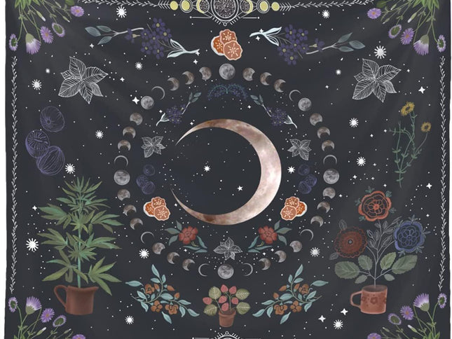 Plant Tapestry, Nature Moon Phase Tapestry Wall Hanging, Bohemian Mandala Tapestry Aesthetic Bedroom Decor