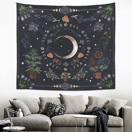 Plant Tapestry, Nature Moon Phase Tapestry Wall Hanging, Bohemian Mandala Tapestry Aesthetic Bedroom Decor