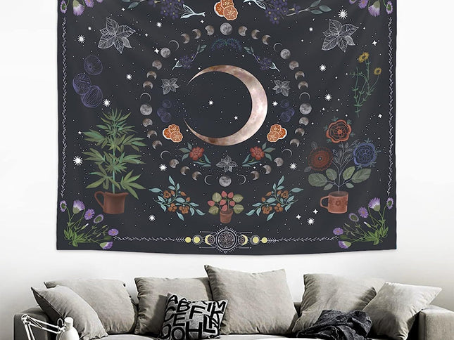 Plant Tapestry, Nature Moon Phase Tapestry Wall Hanging, Bohemian Mandala Tapestry Aesthetic Bedroom Decor
