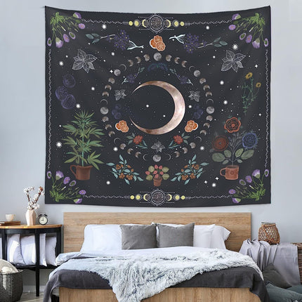 Plant Tapestry, Nature Moon Phase Tapestry Wall Hanging, Bohemian Mandala Tapestry Aesthetic Bedroom Decor