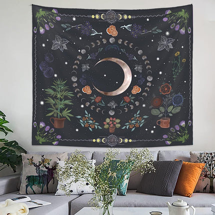 Plant Tapestry, Nature Moon Phase Tapestry Wall Hanging, Bohemian Mandala Tapestry Aesthetic Bedroom Decor