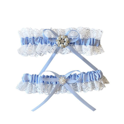 2PCS Blue lace floral wreath belt set, bride's wedding floral wreath gift - blue leg decoration garter belt